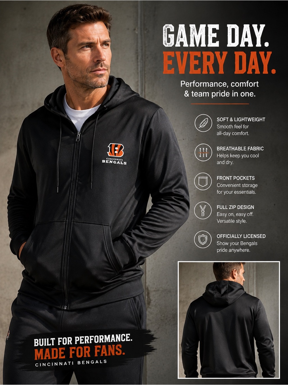 Men's Black Full-Zip Performance Hoodie bengals